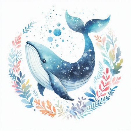 Cute watercolor whale illustration. Hand drawn underwater animal illustration.の素材