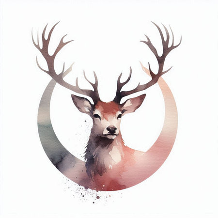 Watercolor illustration of a deer on a white background with a moon.の素材
