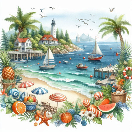 Watercolor seascape with palm trees and houses. Hand drawn illustrationの素材