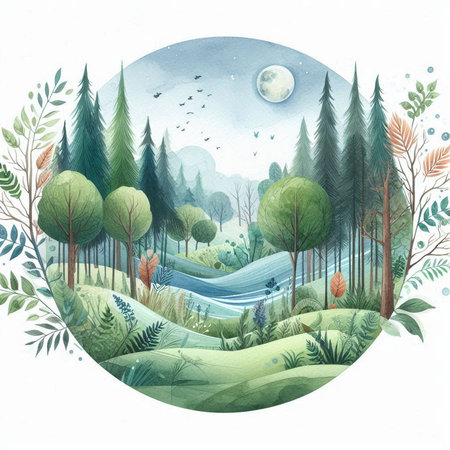 Watercolor landscape with forest, river and moon. Hand drawn illustrationの素材