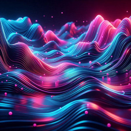 3d rendering of abstract wavy background with glowing particles in itの素材