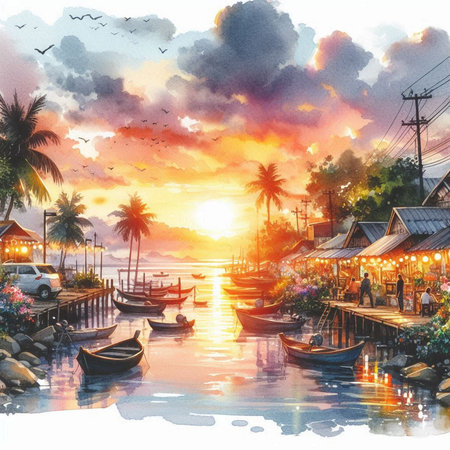 Watercolor painting of traditional thai village at sunset,Thailandの素材