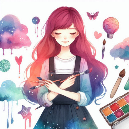 Watercolor illustration of a girl with paint brushes and a palette.の素材