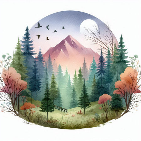 Watercolor landscape with forest and mountains. Hand drawn vector illustration.の素材