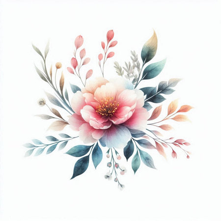 Greeting card with watercolor peony flowers. Handmade.の素材