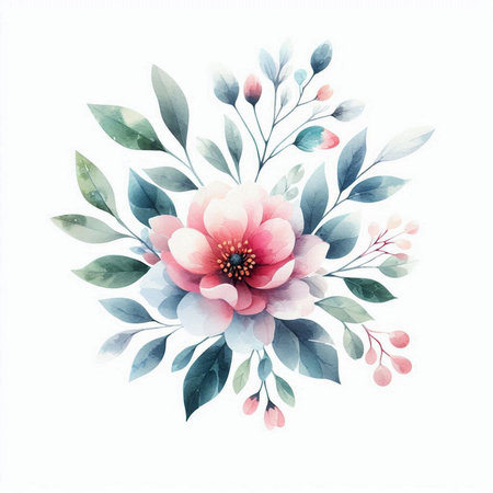 Watercolor floral bouquet with peony flowers and leaves. Hand painted illustration.の素材