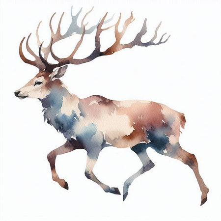 Watercolor illustration of a deer with antlers on a white backgroundの素材