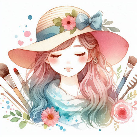 Watercolor illustration of a beautiful young girl in a hat with makeup brushesの素材