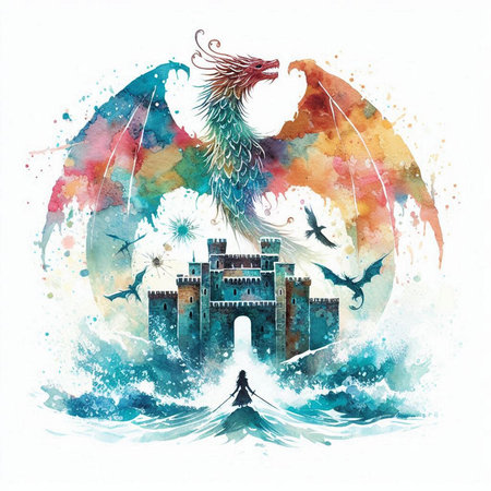 Watercolor illustration of medieval castle, dragon and seagullsの素材