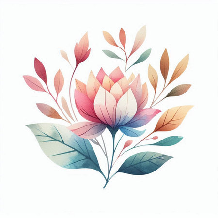 Watercolor illustration of a lotus flower with leaves on a white backgroundの素材