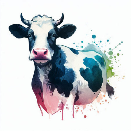 Watercolor illustration of a cow on a white background with splashesの素材