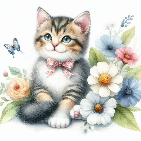 Cute kitten with a bow tie and flowers, watercolor illustrationの素材