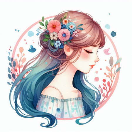 Beautiful girl with flowers in her hair. Watercolor illustration.の素材