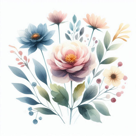 Watercolor floral bouquet with peony flowers and leaves, hand painted isolated on white backgroundの素材