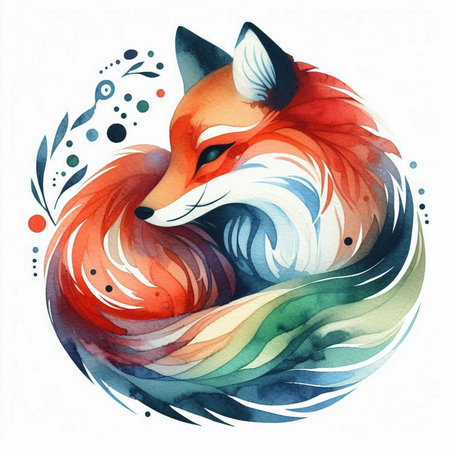 Watercolor fox with floral ornament on white background. Vector illustration.の素材