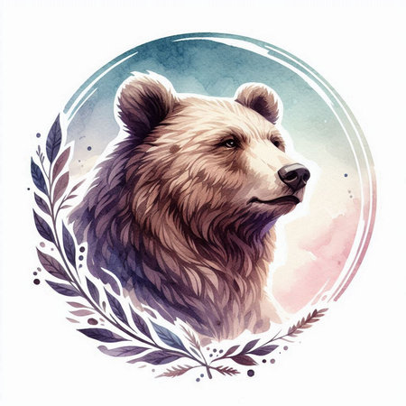 Watercolor illustration of a brown bear in a laurel wreath.の素材
