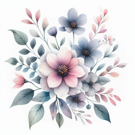 Watercolor floral bouquet with pink and blue flowers on white background.の素材