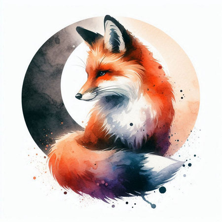 Watercolor painting of a red fox sitting in front of the moonの素材