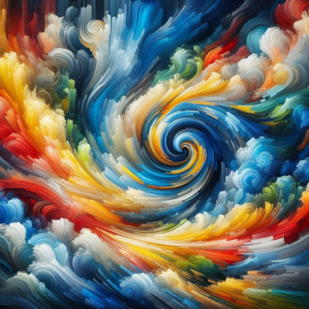 abstract background with a spiral pattern in blue, orange and yellowの素材