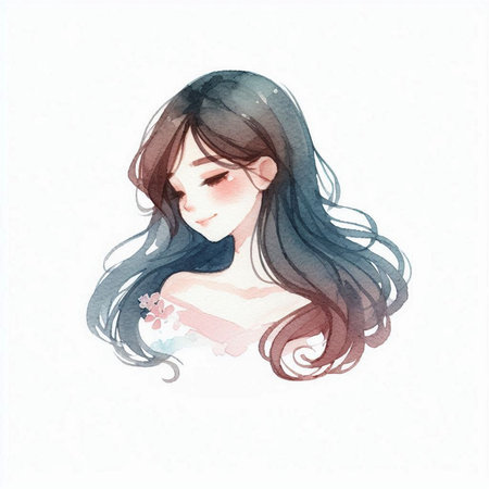 Beautiful girl with long hair. Hand drawn watercolor illustration.の素材