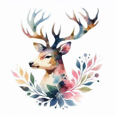 Watercolor deer with a wreath of leaves and flowers on a white backgroundの素材