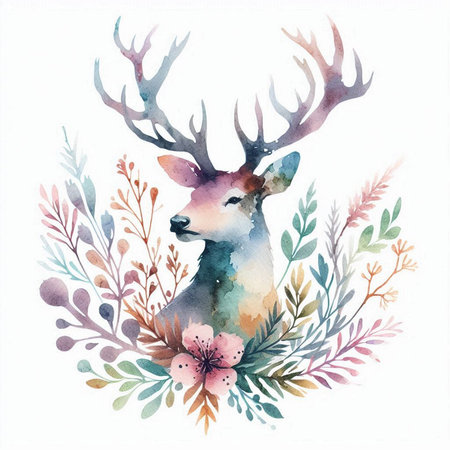 Watercolor deer with flowers and leaves. Hand drawn illustration for your design.の素材
