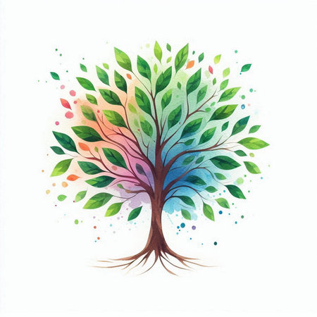 Colorful tree with leaves on white background. Watercolor illustration.の素材