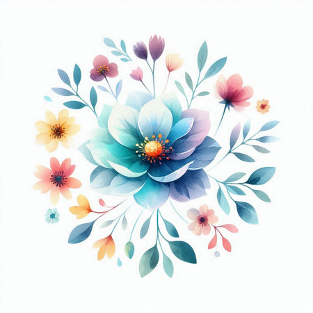 Watercolor flower illustration in blue and pink colors isolated on white backgroundの素材
