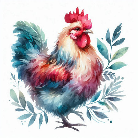 Beautiful rooster. Watercolor illustration isolated on white background.の素材