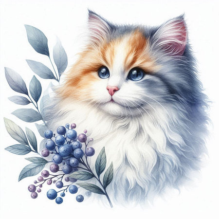 Watercolor portrait of a beautiful fluffy cat with blue eyes and a bouquet of berries.の素材