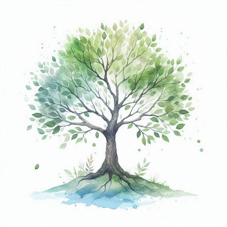 Watercolor illustration of green tree on white background. Hand-drawn illustration.の素材