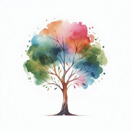 Colorful watercolor tree isolated on white background. Hand drawn illustrationの素材
