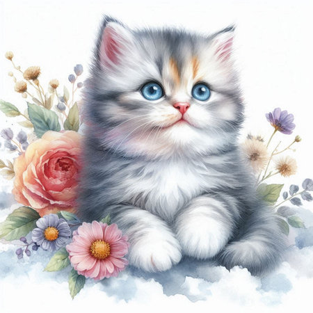 Cute kitten with flowers on white background. Watercolor illustration.の素材