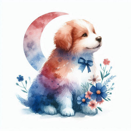 Cute Corgi dog with flowers. Watercolor illustration.の素材