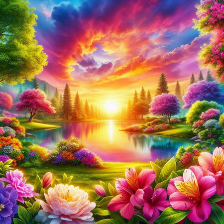 Beautiful nature landscape with lake and flowers at sunset. 3D renderingの素材