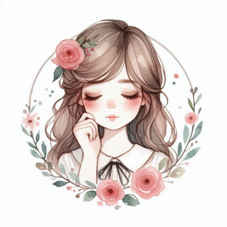 Beautiful girl with flowers on white background. Watercolor illustration.の素材