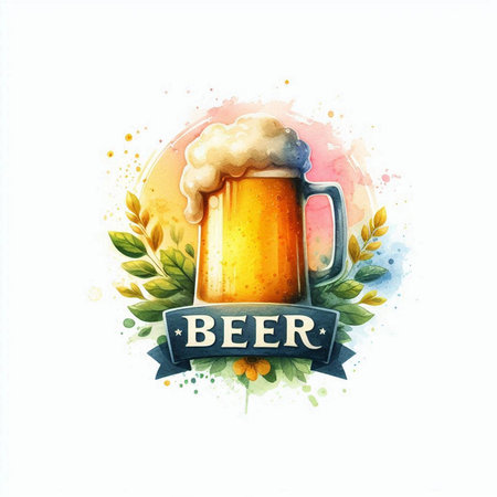 Beer logo with beer mug and wheat ears. Hand drawn watercolor illustrationの素材
