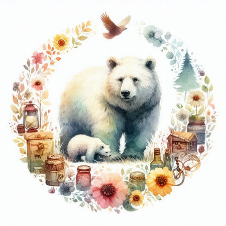 Watercolor illustration of a polar bear with a cub in the background of a circle of flowersの素材