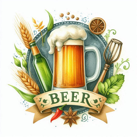 Beer poster. Hand drawn watercolor illustration isolated on white background.の素材