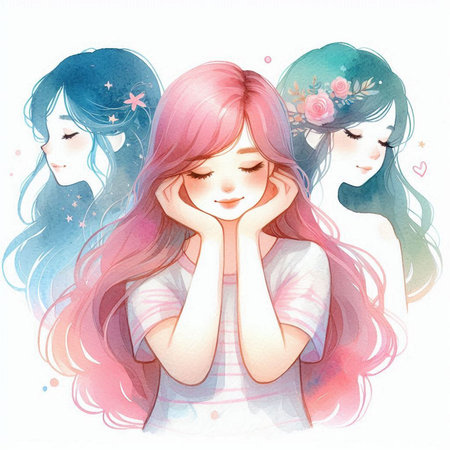 Illustration of a beautiful girl with long pink hair and blue eyesの素材