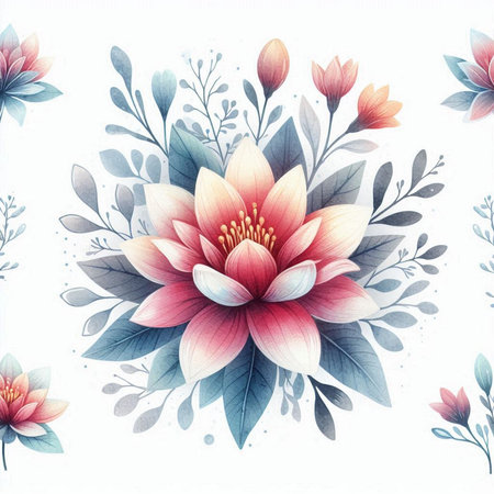 Seamless pattern with watercolor lotus flowers. Hand-drawn illustration.の素材