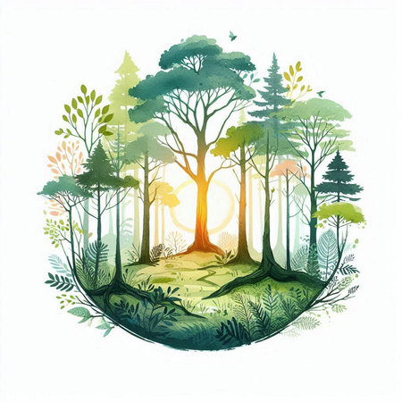 Beautiful hand drawn vector illustration of a forest with trees and plantsの素材