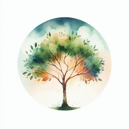 Watercolor illustration of a tree in the form of a circle.の素材