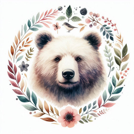 Watercolor illustration of a cute bear in a floral wreath.の素材