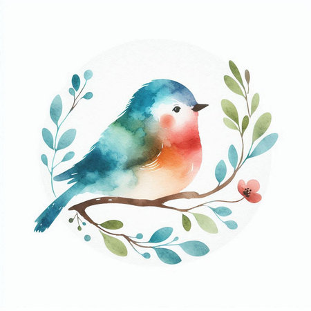 Watercolor bird on a branch with leaves and berries. Hand drawn illustration.の素材