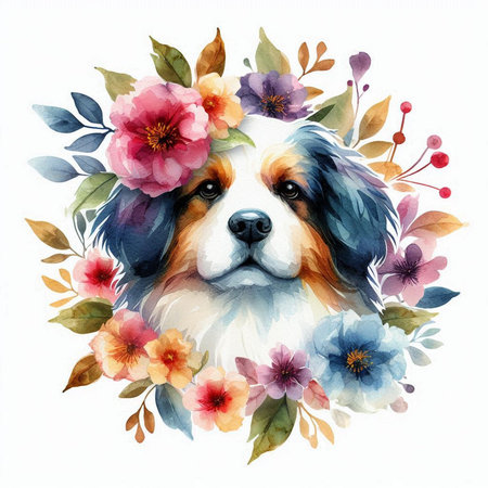 Watercolor portrait of a dog in a wreath of flowers.の素材