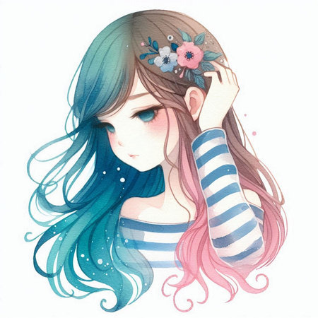 Illustration of a beautiful girl with long hair and flowers in her hairの素材