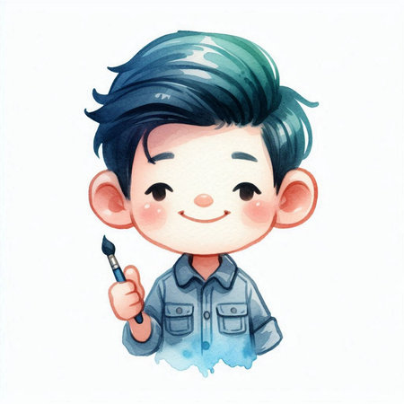 Illustration of a cute boy with a paintbrush in his handの素材
