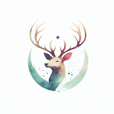 watercolor illustration of a deer with antlers on a white backgroundの素材
