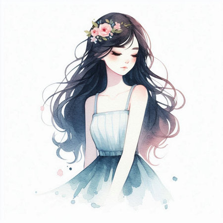Watercolor illustration of a beautiful girl with long black hair and blue dressの素材